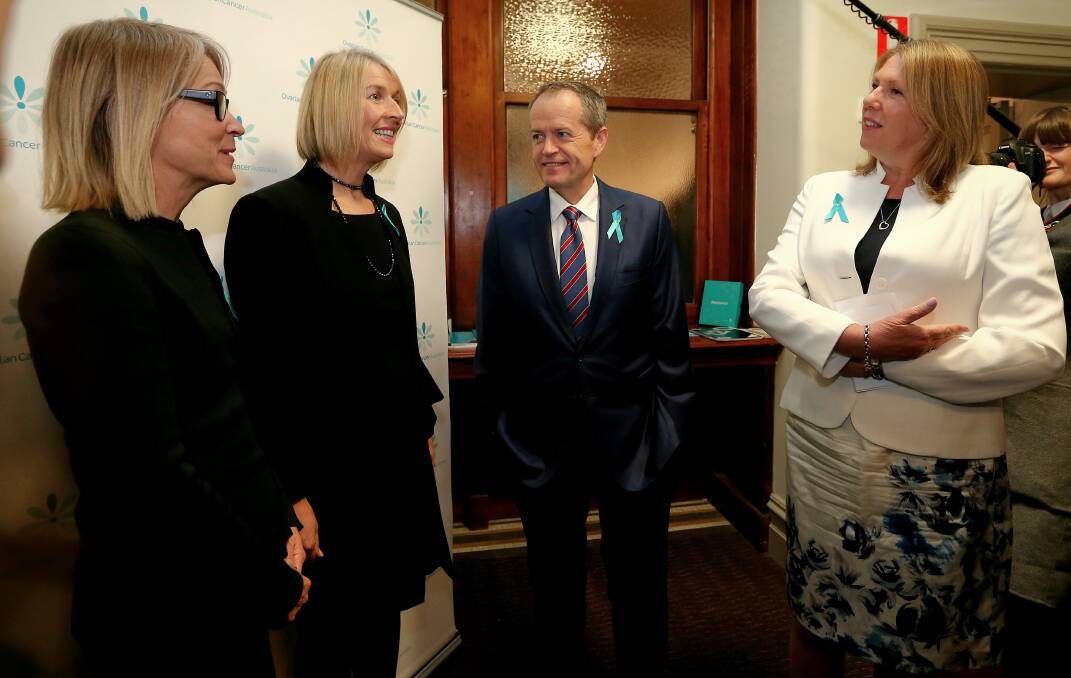 Ovarian Cancer Australia board member Tracey Curro and CEO Jane Hill with Opposition Leader Bill Shorten and Shadow Health Minister Catherine King at morning tea during a visit to the Queen Victoria Women's Centre in Melbourne last year. Picture: Alex Ellinghausen