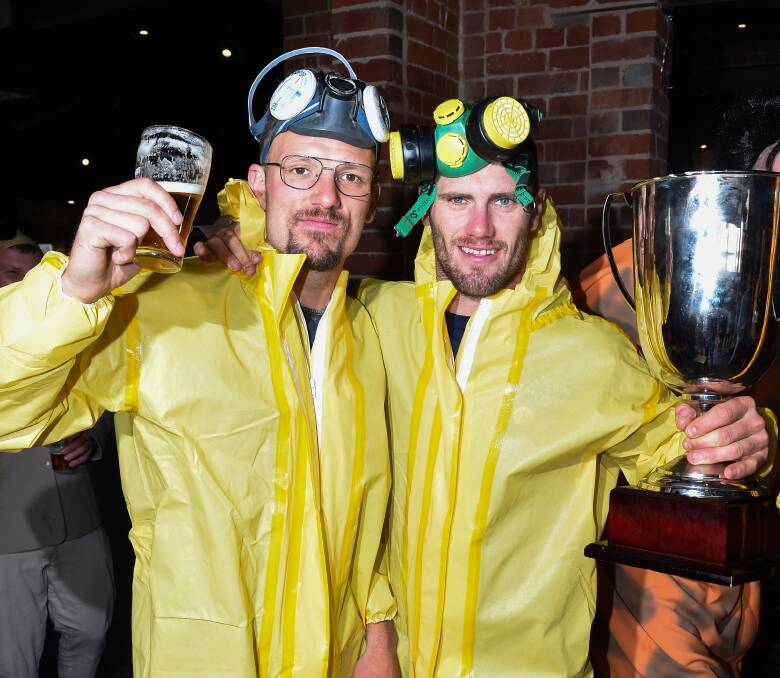 COOKING UP A STORM: Dean Polo and Brayden O'Hara dressed as the main characters from TV's 'Breaking Bad' for Albury's Mad Monday function. Picture: MARK JESSER