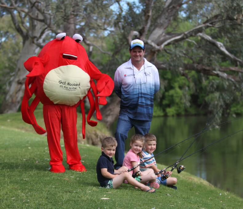 DROP A LINE: Jimmy Conroy, 4, Isabelle Boyd, 5, and Paddy Conroy, 5, will join fisheries manager Cameron Westaway at the Gone Fishing Day on Sunday. Picture: CHRIS YOUNG