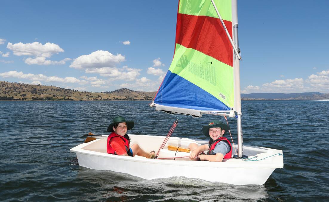 SAIL AWAY: Wodonga West Primary School's Liam Jackson, 12, and Caleb Doyle, 11, learned about sailing on Friday. Picture: MARK JESSER