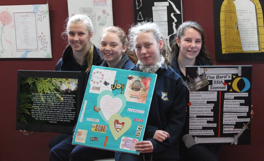 ON THE WALL: Murray High's Meg Twyford, Sophie Scammell, Holly Parkinson and Chloe Neal have had their work displayed in the Albury LibraryMuseum.