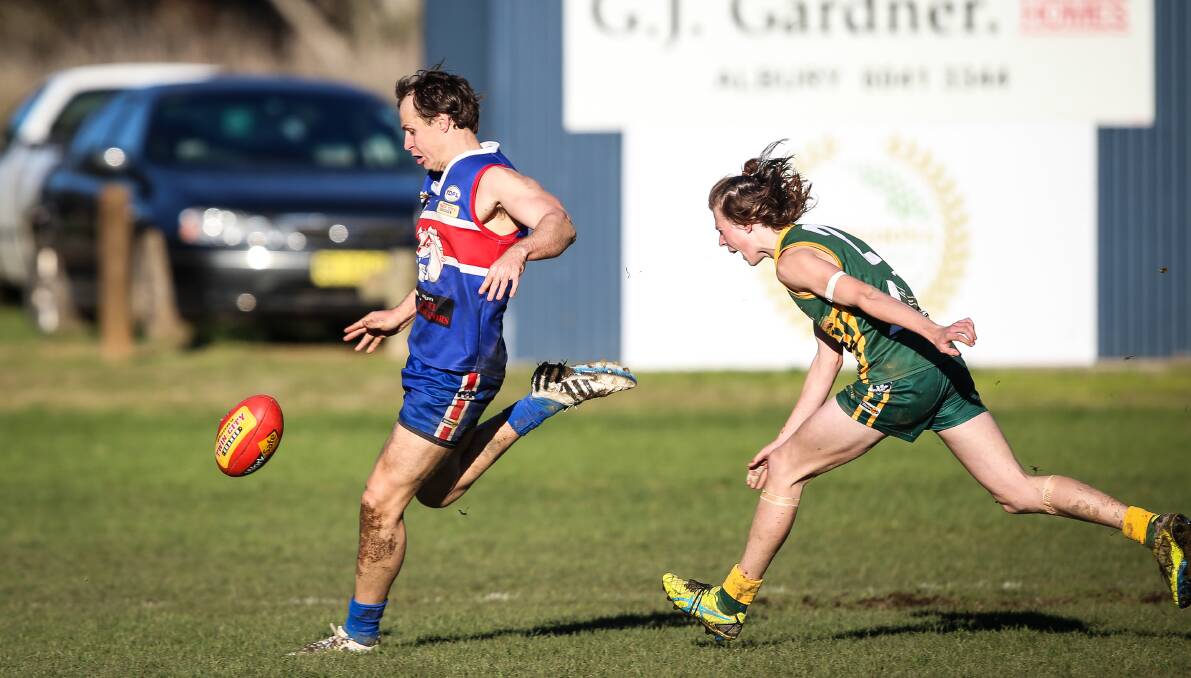 TOO GOOD: Tallangatta's young side showed some good signs in the first half, but Thurgoona's experience prevailed. Picture: JAMES WILTSHIRE