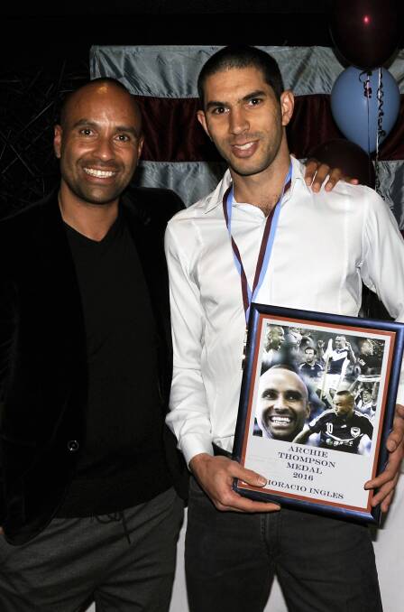 VICTORY: Archie Thompson with newly-crowned Twin City Wanderers best and fairest winner Horacio Ingles. Picture: ADAM PULLAN