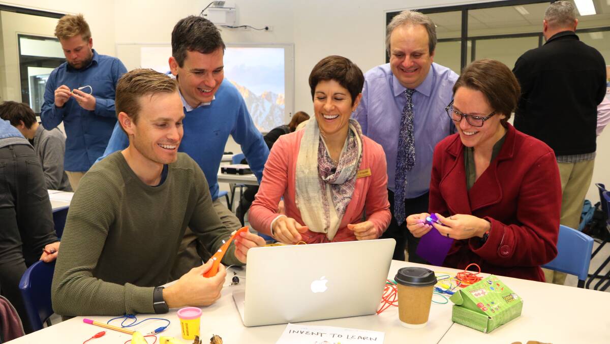 LEARNING: Wodonga Senior Secondary teachers Jesse Featonby, Michael Rosenbrock, Terri Gregotski, Gary Stager and Kate O'Neill took part in the STEM workshop. 