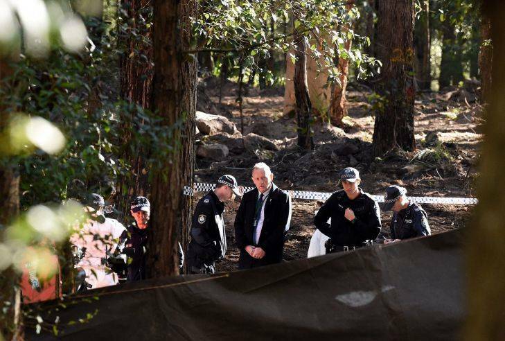 NSW police at the crime scene where human remains have been unearthed at the possible burial place of his son Matthew Leveson in the Royal National Park at Waterfall, NSW. 1st June, 2017. Photo: Kate Geraghty
