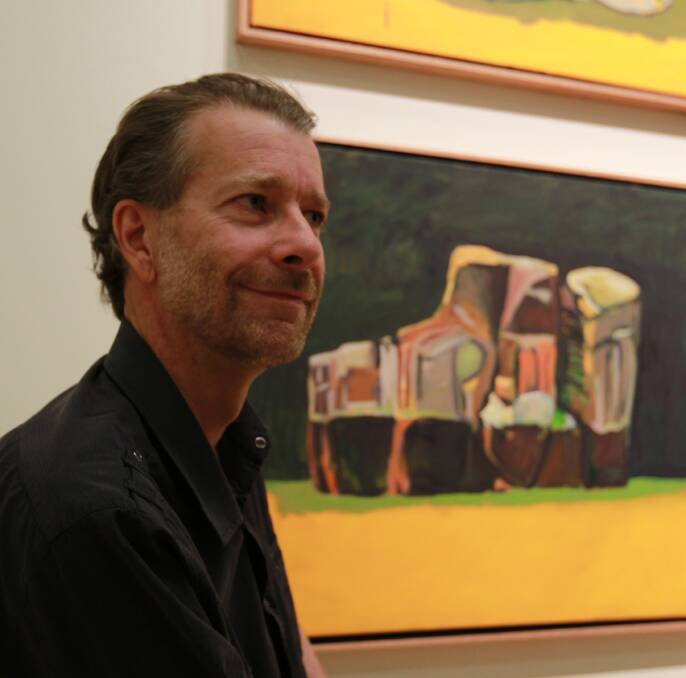 GORGE INFLUENCE: Bright artist Frank Burgers with his paintings 'The Gorge 13, Morning (17)' and 'The Gorge 14, Afternoon (18)'. Picture: PETER DE KRUIJFF