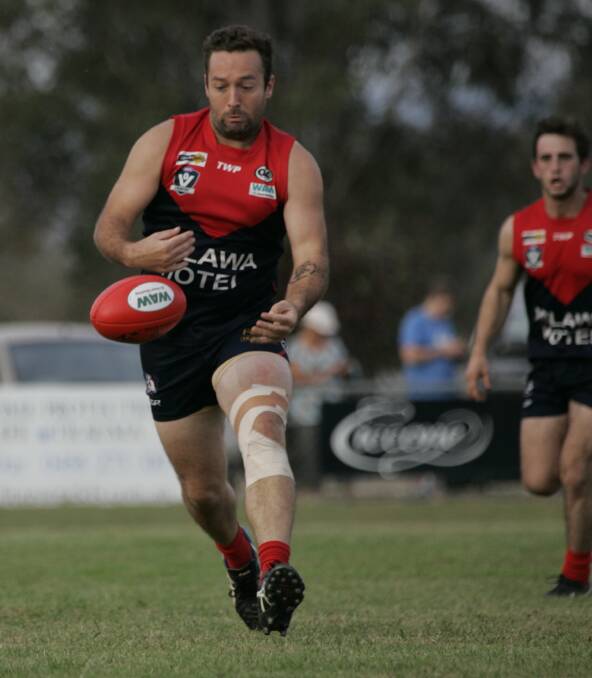 ON TARGET: Milawa Demons player Tim Lewis scored two goals in a 40-point win against Bright. Lewis snagged 29 goals last season across 16 games. Pictures: WANGARATTA CHRONICLE