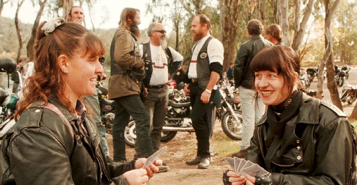 1997: Maree Chatfield and Aly Greiner with their hands full of cards at the first ever Anzac Day poker run organised by Party Unlimited.