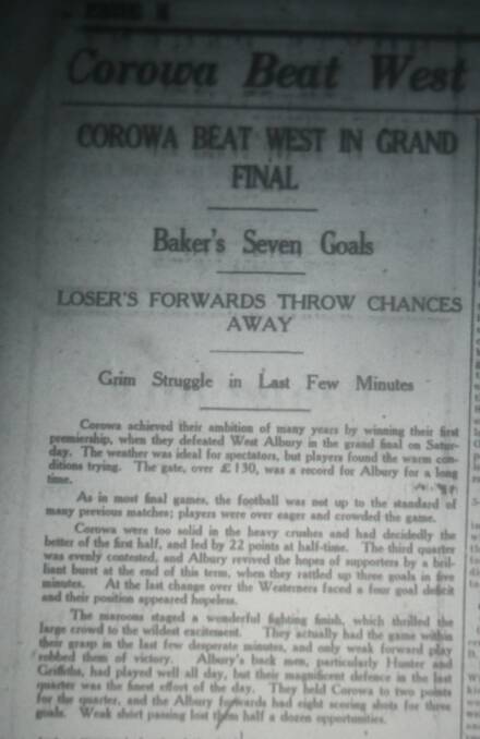 A clipping from the 'Border Morning Mail' of the report on the 1932 grand final.