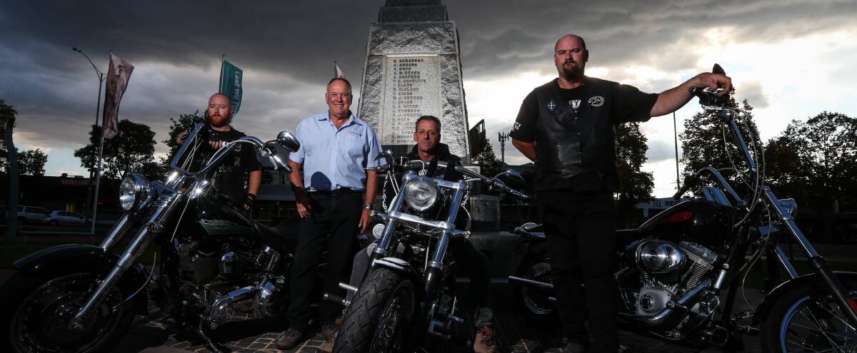 2016: Jared Powell, Jock Allen and Chris Walsh of Party Unlimited Motorcyle Club with Albury Legacy president Colin Darts ahead of Monday's poker run to a mystery location. Picture: JAMES WILTSHIRE