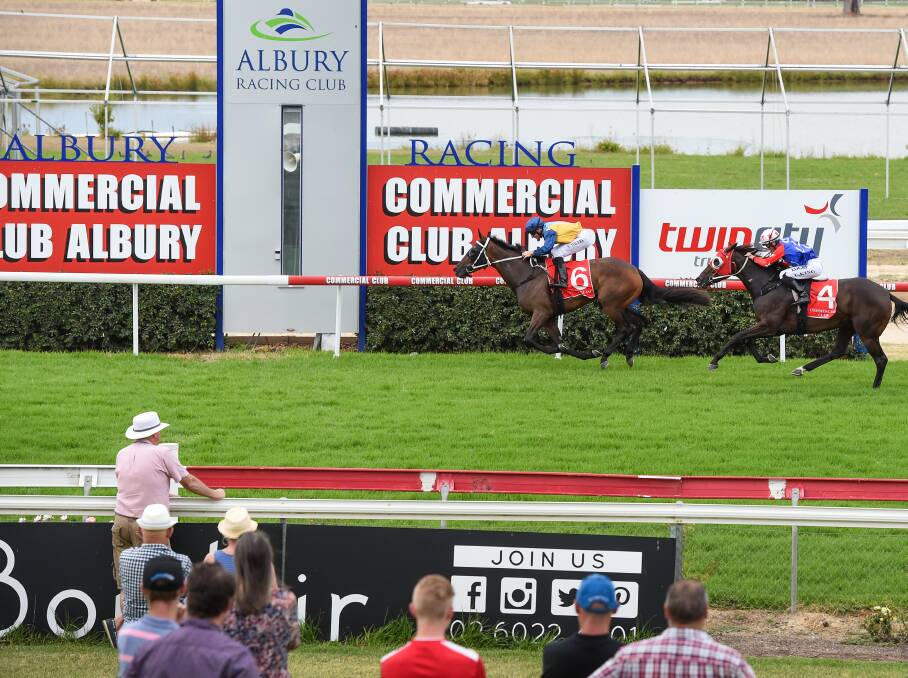 Callistan charges to the line to win the first race on the recently upgraded Albury track. Pictures: MARK JESSER
