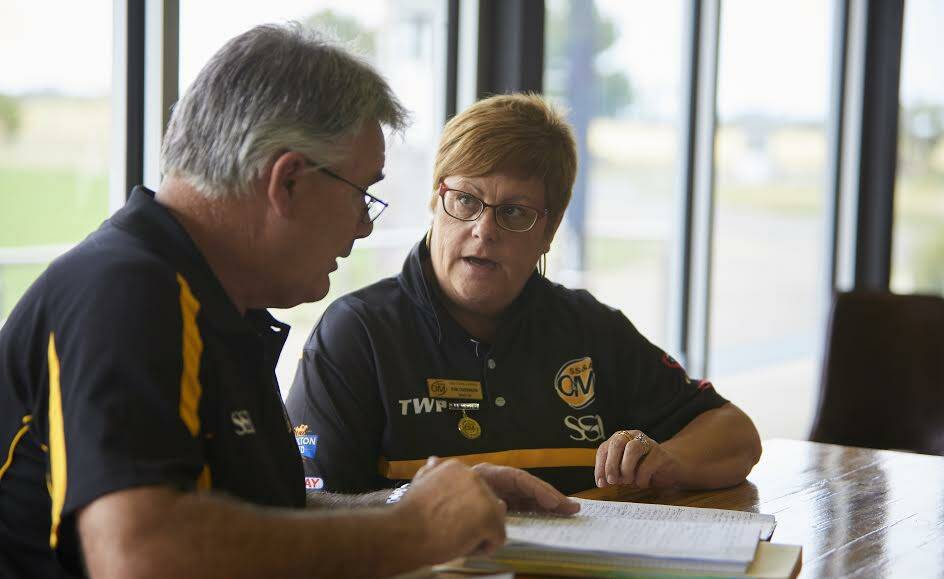Ovens and Murray officials David Sinclair and Kim Odewahn at a meeting of country leagues at Bungaree last month.