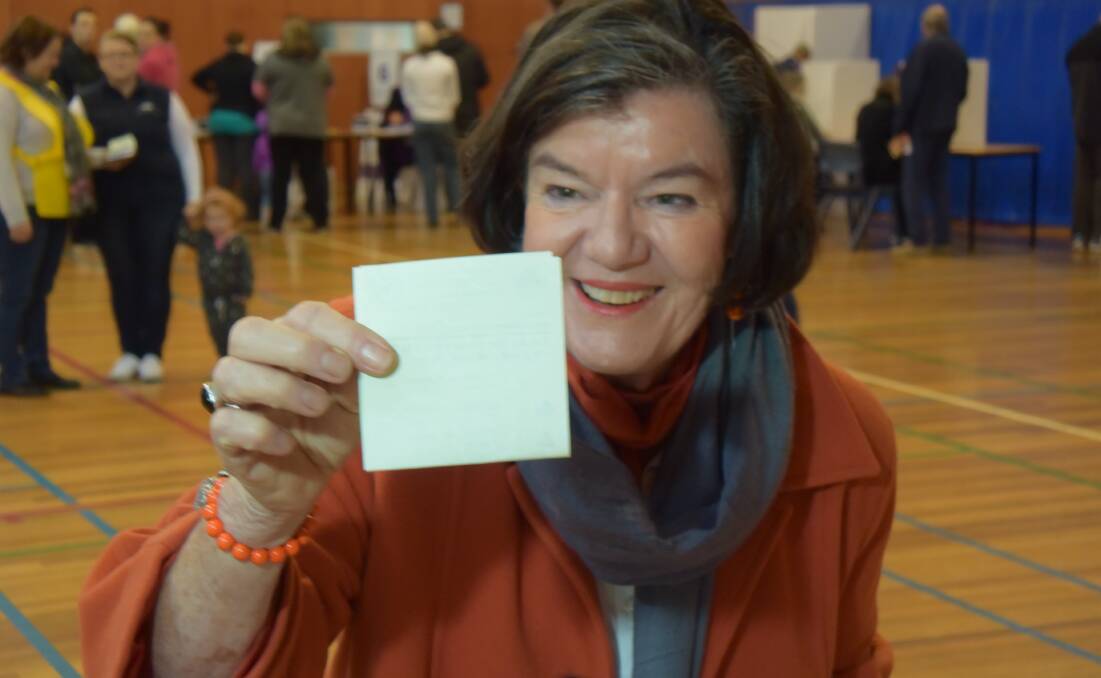 Indi MP Cathy McGowan casts her vote in Wodonga.