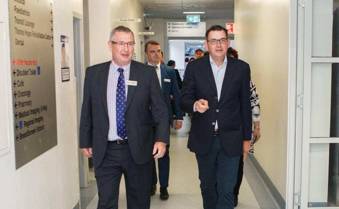 MOMENTOUS DAY: Northeast Health chairman Brendan Schutt and Premier Daniel Andrews tour Wangaratta hospital on Friday as part of funding announcement. Picture: MARK BONGERS