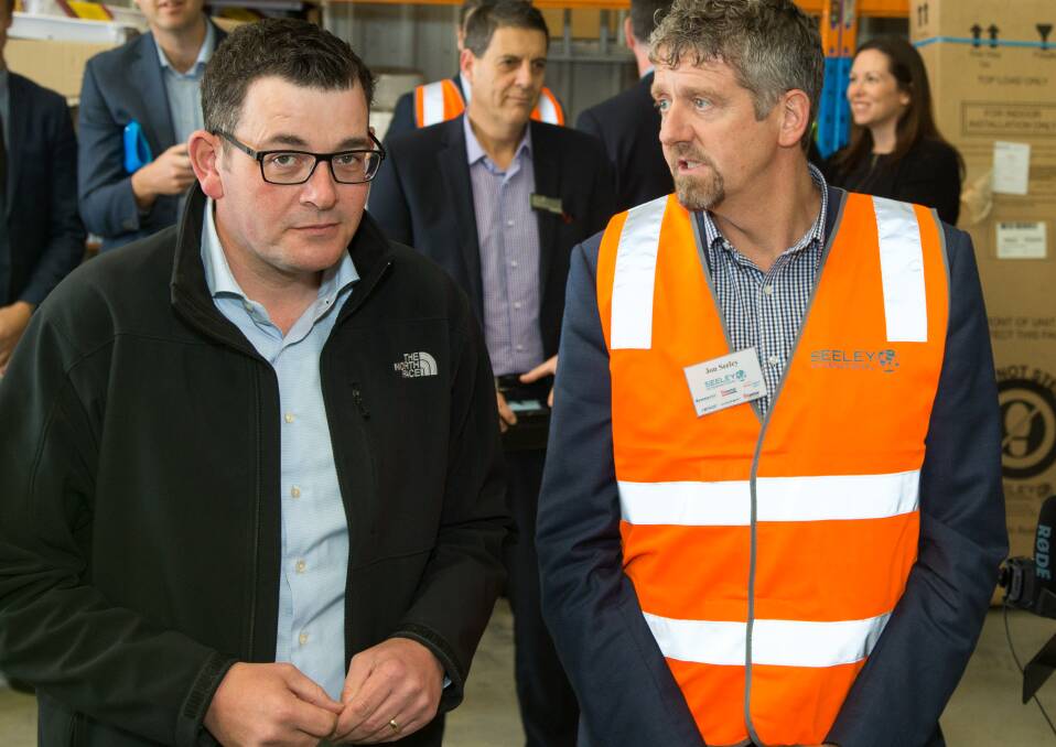 DONE DEAL: Victorian Premier Daniel Andrews, left, and Seeley International managing director Jon Seeley at the announcement of a $20 million Wodonga factory. Picture: SIMON BAYLISS