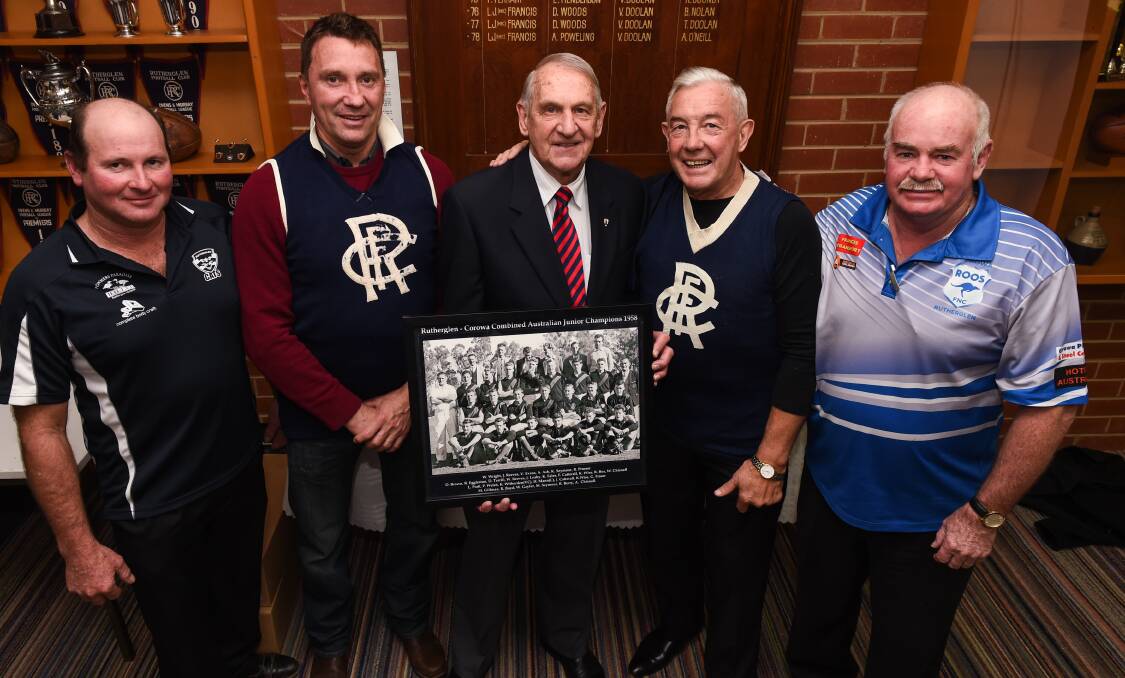 NOSTALGIA: Greg Lumby, Peter Tossol, Hassa Mann, Peter Chisnall and Graham Hosier at the O and M match luncheon. Picture: MARK JESSER