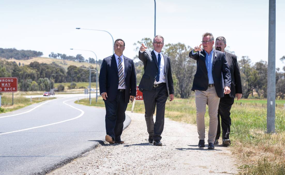 TO THE POINT: NSW Labor duo Shaoquett Moselmane and Michael Daley joined Albury mayor Kevin Mack and Cr Darren Cameron in pushing for funding from the NSW Government for the Davey Road interchange. Picture: MARK JESSER