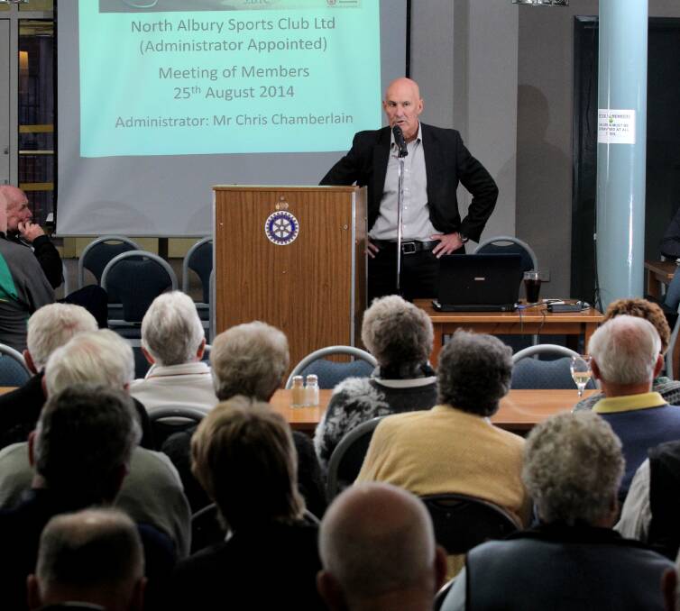 TROUBLED TIMES: Administrator Chis Chamberlain addresses North Albury Sports Club members in 2014. The club recently paid its final commitment as part of a deed of company arrangement and will hold annual meeting next week.