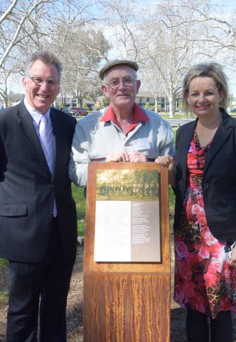 PRIDE OF PLACE: Mayor Kevin Mack, Albury and District Historical Society member Joe Wooding and Farrer MP Sussan Ley at the Noreuil Park storyboard.
