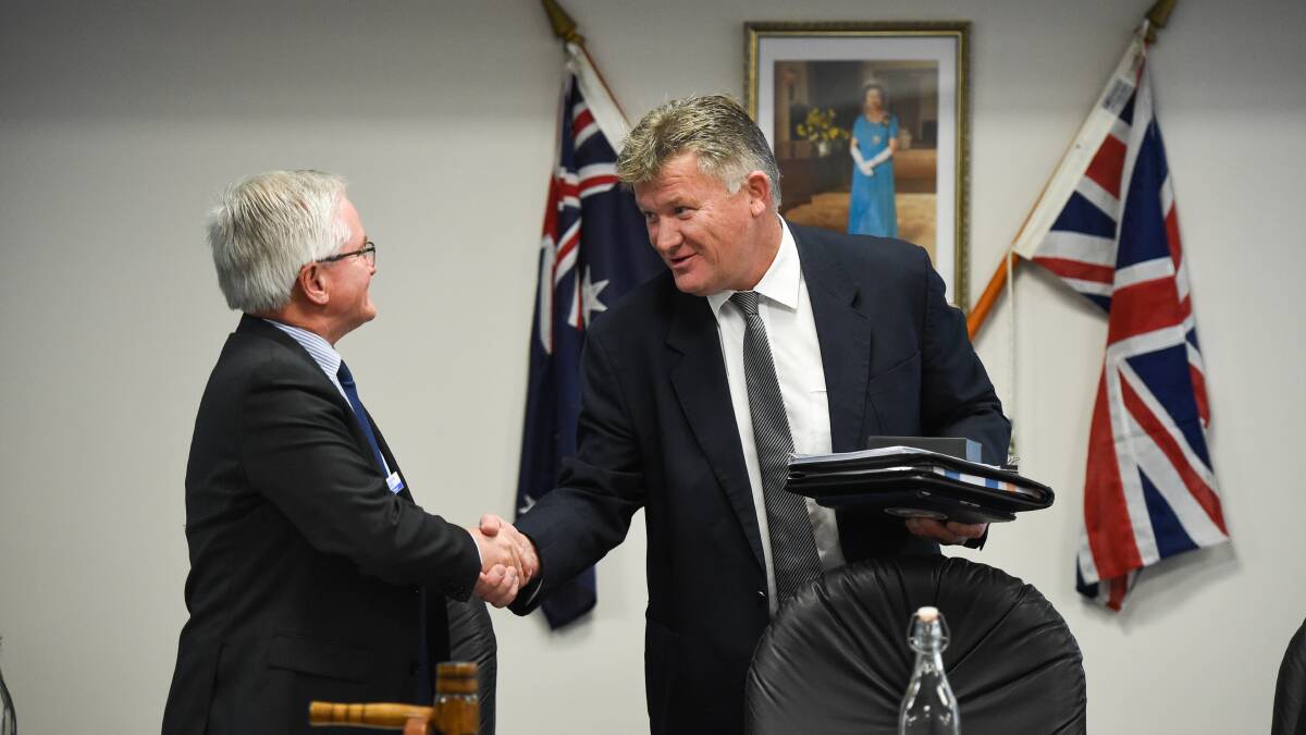 HAPPIER TIMES: General manager Chris Gillard, left, and mayor Pat Bourke at the first  Federation Council meeting in September. Picture: MARK JESSER