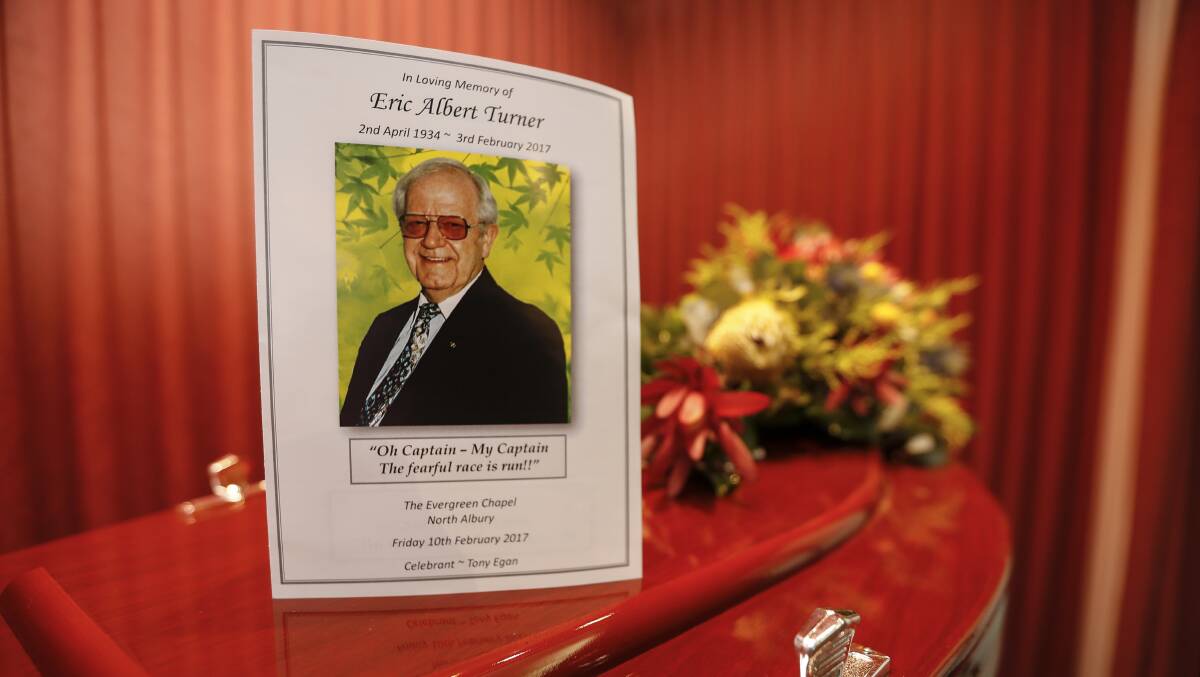 GOODBYE ERIC: Albury-Wodonga Regional Cancer Centre champion Eric Turner was farewelled on Friday at Lester & Son's funeral home. Picture: JAMES WILTSHIRE