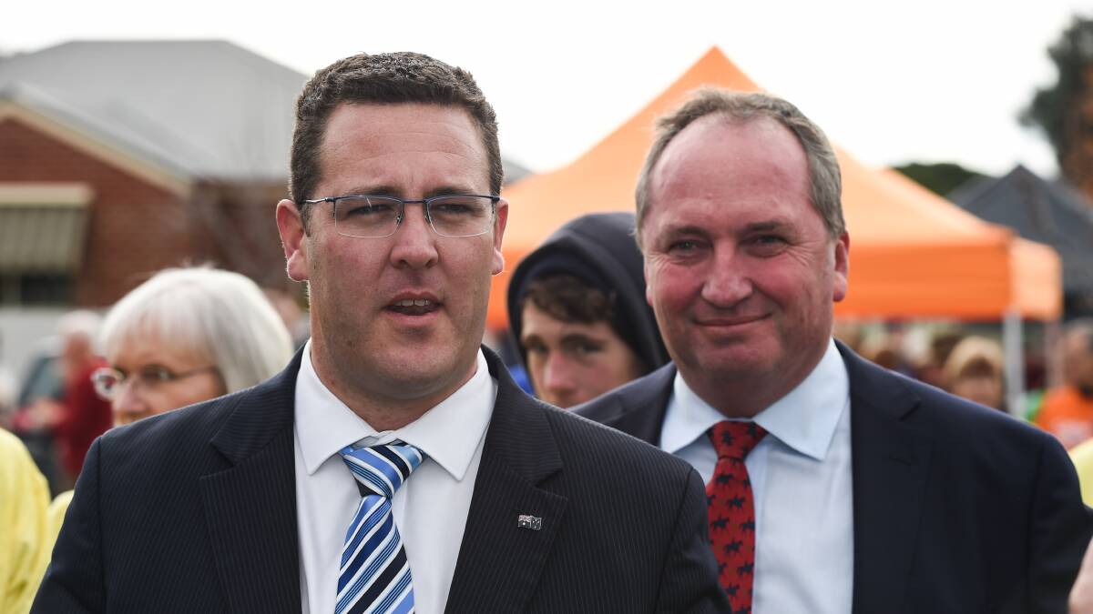 PARTY MAN: Nationals' Indi candidate Marty Corboy and Deputy Prime Minister Barnaby Joyce in Wodonga this week. Picture: MARK JESSER