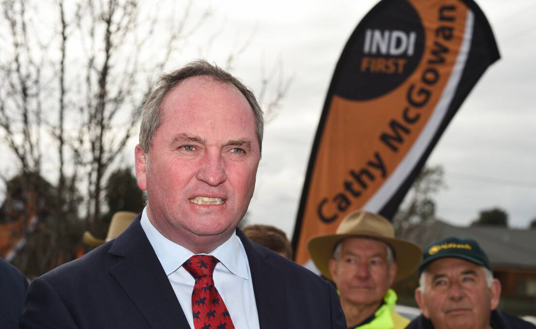 TALKING TOUGH: National Party leader Barnaby Joyce was strong in his support for Indi candidate Marty Corboy in Wodonga on Monday. Picture: MARK JESSER