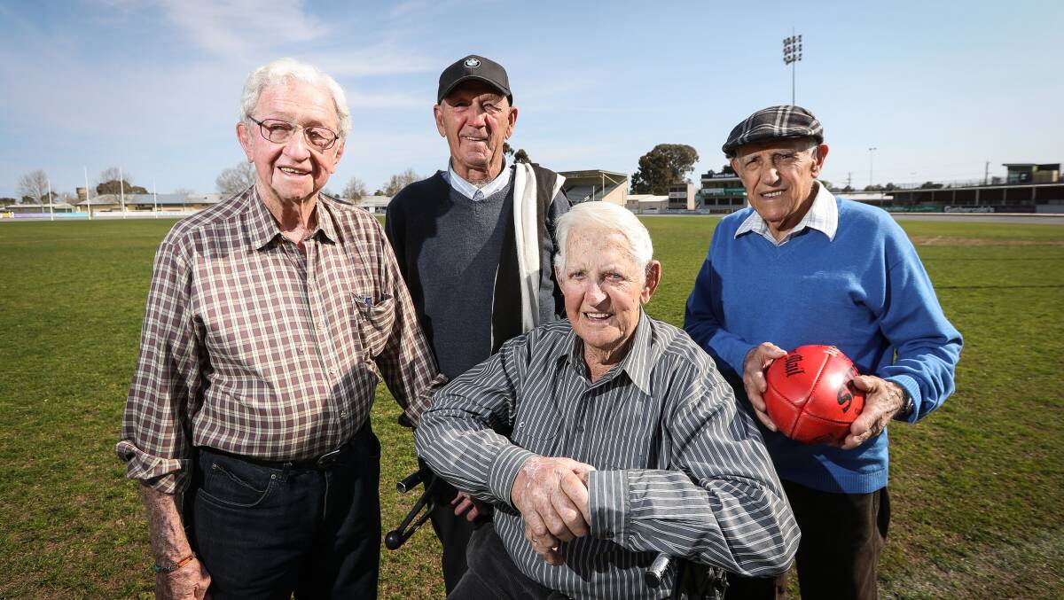 LIVING LEGENDS: Wangaratta Magpies premiership stars from yesteryear, from left, Kevin Allan, Bill Comensoli, Jack McCormick and Louie Cesa. Picture: JAMES WILTSHIRE