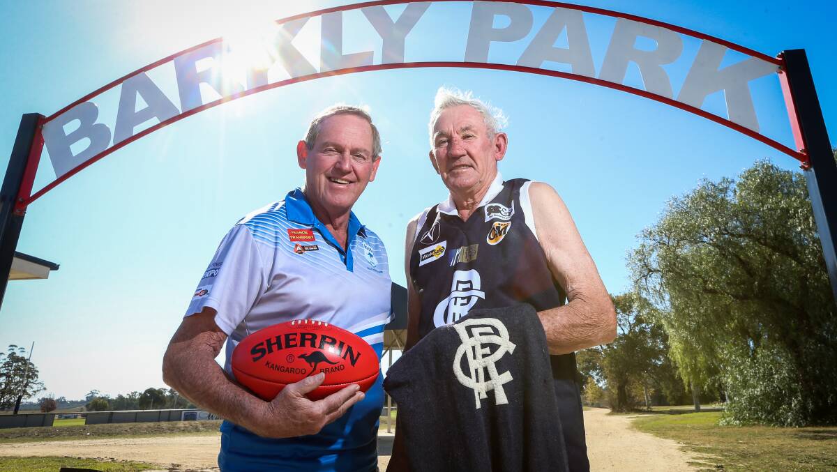 Corowa 1968 premiership player Fred Longmire and five-time Rutherglen best and fairest winner and O and M Hall of Famer Billy Gayfer.