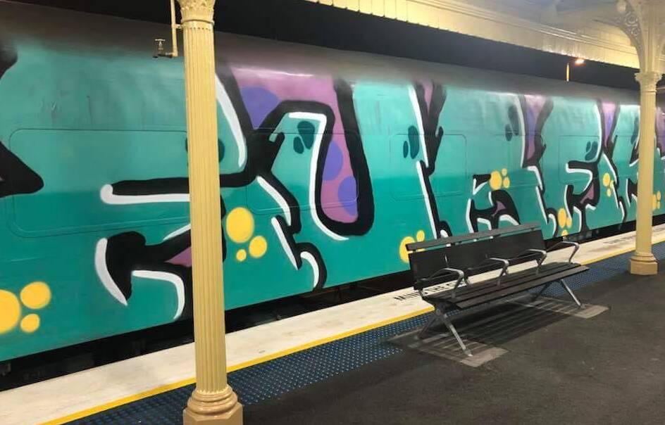 The V/Line carriage targeted by graffiti vandals at the Albury railway station early Saturday.