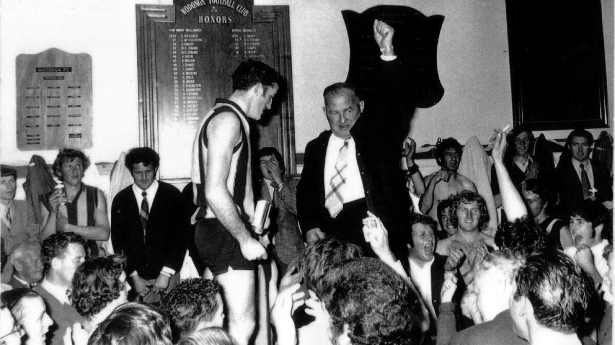 Wangaratta Rovers coach Neville Hogan and president Jack Maroney after one of the Hawks' wins in the 1970s.