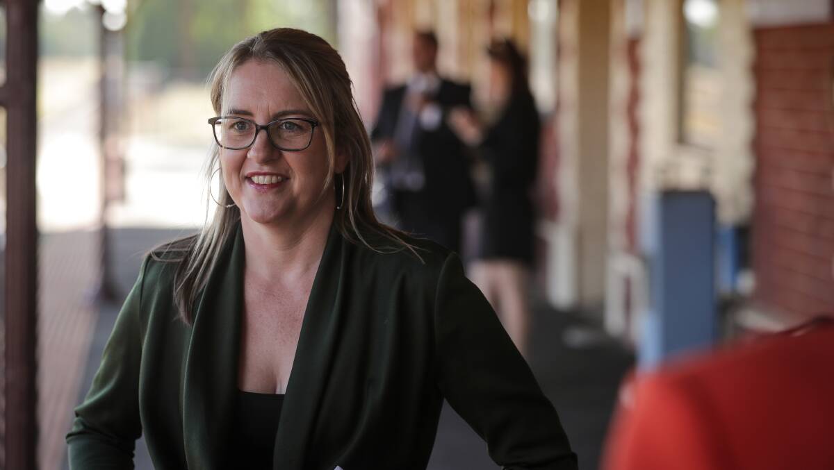 STUMP UP CASH: Victorian public transport minister Jacinta Allan visited Benalla to repeat calls for extra federal government funding to upgrade the North-East rail line. Picture: JAMES WILTSHIRE