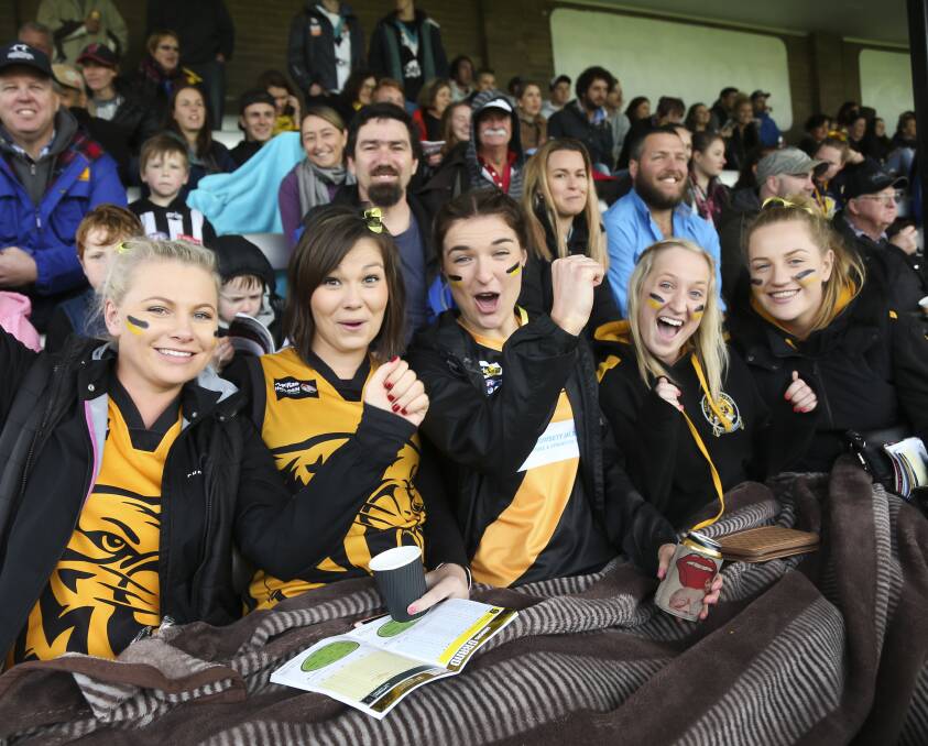 GO 23: Dannielle Hines, Ashlea Thurnam, Sarah Anstee, Elise Campbell and Claire Wilson were barracking for the Tigers at the Ovens and Murray grand final. Pictures: ELENOR TEDENBORG