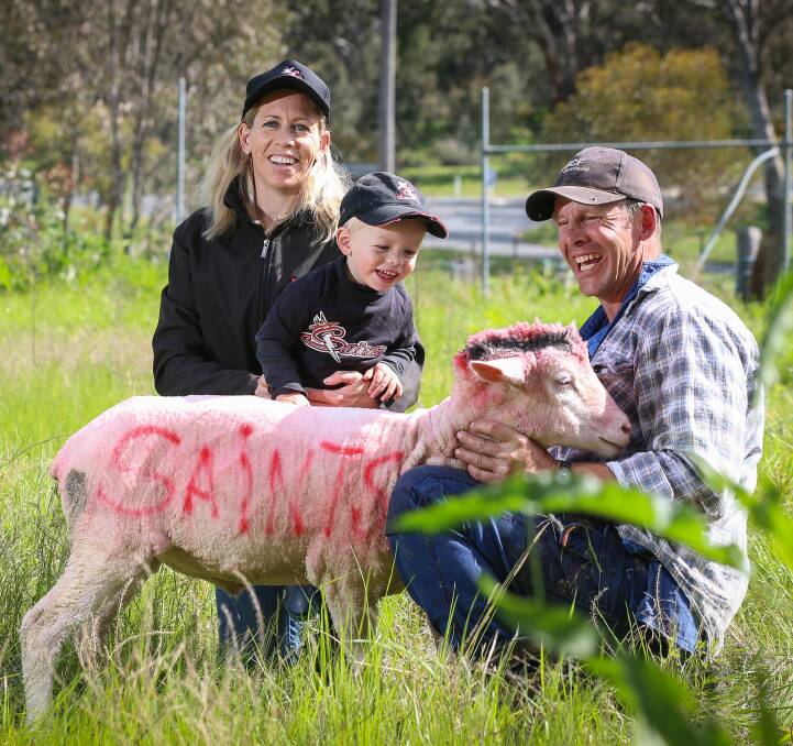 FINALS FEVER: Brock-Burrum A-grade netball coach Lauren Kerrins with her son, Dian Scott, 1, and former BB Saints footballer, Brad Scott, with a sheep donning the BB Saints' colours. Picture: JAMES WILTSHIRE