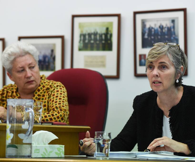 FINAL QUESTIONS: Panel chairwoman Pam Allan and member Alison McCabe raise concerns about hospital plans to Health Infrastructure NSW, at the Greater Hume Council offices in Culcairn. Picture: MARK JESSER