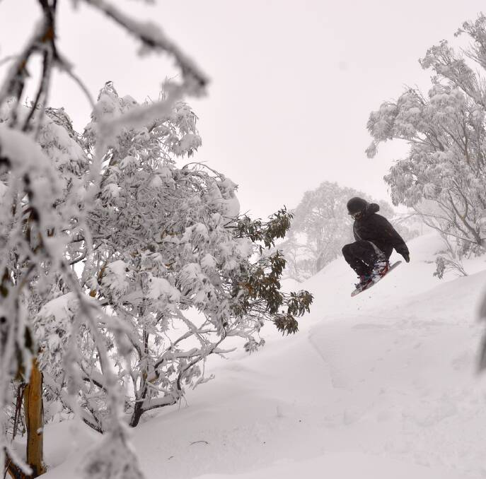 LONG COLD SEASON: Snowboarder Toby Royce catches some air during blizzard conditions at Falls Creek. There is no sign of the snowfall slowing despite winter wrapping up. Picture: CHRIS HOCKING