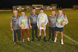 Jack and Fletcher Parker, Nick and Ethan Moore and Lachie and Marty Semmler are three father and son combinations who are hoping to emulate their fathers and play in a senior flag at the Brookers in the near future. Picture by Mark Jesser