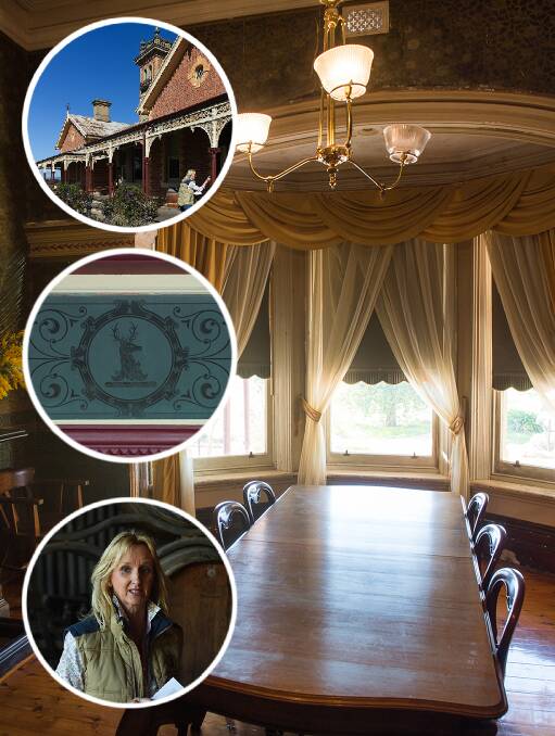 TOP AND MAIN: Olive Hills was used for filming in the new Kelly Gang movie. MIDDLE: The Fraser Clan of Lovat crest over the main entrance. BOTTOM: Owner Kay Perry. Pictures: MARK JESSER