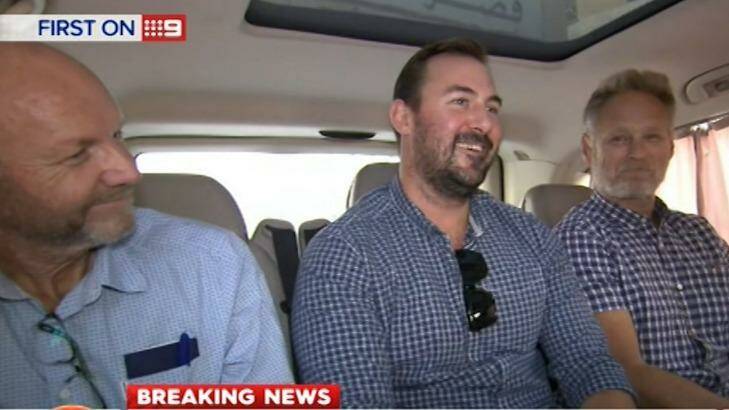 The 60 Minutes crew, Stephen Rice, Ben Williamson and David Ballment, following their release from a Lebanon jail. Photo: Nine Network