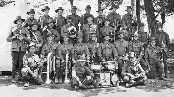 Robert Coombes, an Anzac in the 13th Battalion band (he is in the back row, third from the left).   Photo: Australian War Memorial AWM DAX00062