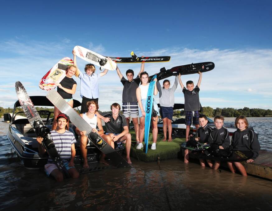 Albury Wodonga Waterski Club members Tom Moloney, Cathryn Humphrey, Mason Crocker, Lachie Moloney, Brodie Goode, Sam and Amy McLoughlan, Grace Butlin, Harrison Lawes, Daniel Finnemore, Lachlan and Lara Butlin are gearing up for the NSW titles this weekend. Picture: DYLAN ROBINSON