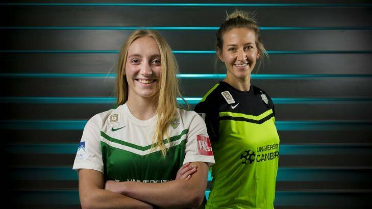Canberra United's Nickoletta Flannery  and Grace Gill are jumping for joy after the Uni of Canberra signed on as a sponsor for another two years. Photo: Jay Cronan