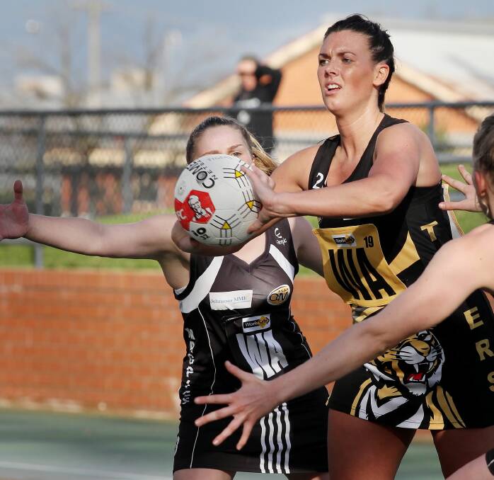 Emma Eggleston looks to swing the Tigers into attack but the Magpies triumphed by five goals. Pictures: KYLIE ESLER