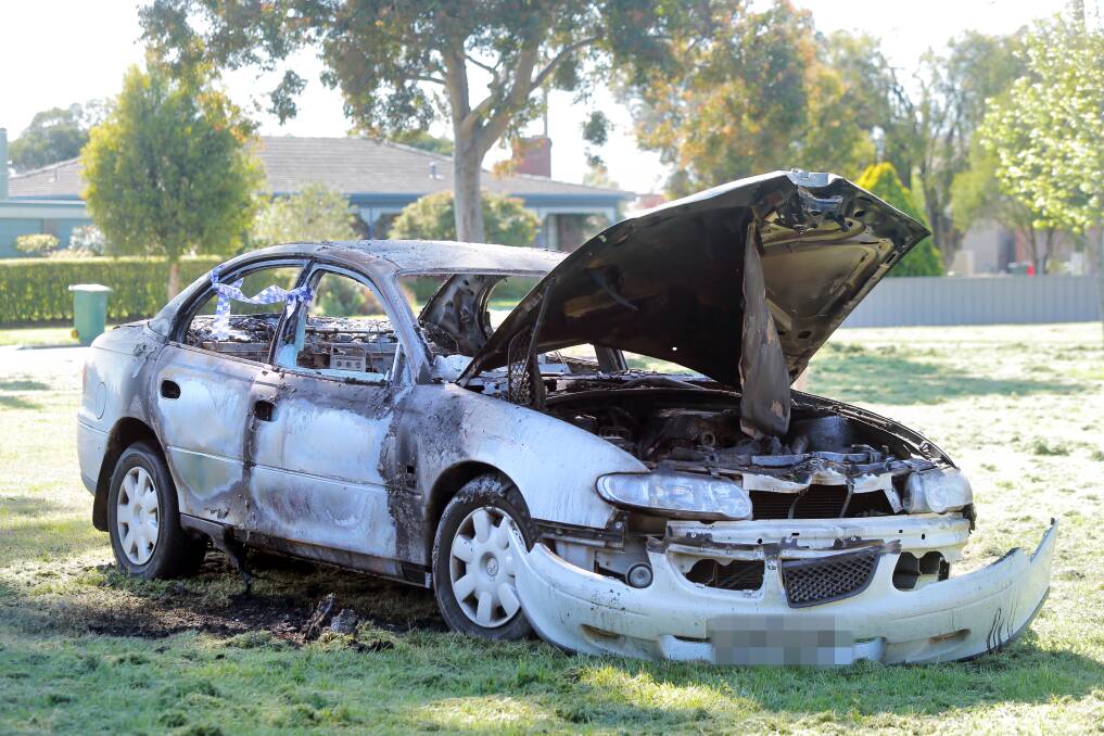 This Holden Commodore was stolen from Acacia Crescent in Wodonga and was found burnt out in Tooley Park. Pictures: TARA GOONAN
