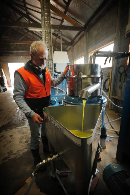 Olive oil is poured into a vat at the Wicked Virgin at Rutherglen. Co-owner John Nowacki checks the results. Picture: TARA GOONAN