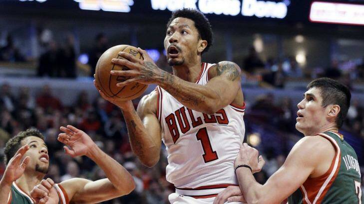 Back to his best: Chicago Bulls guard Derrick Rose drives to the basket against Milwaukee Bucks forward Ersan Ilyasova and guard Michael Carter-Williams. Photo: Nam Y. Huh
