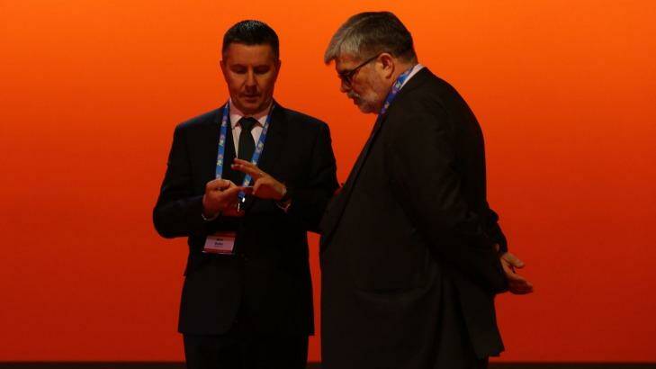 ALP President Mark Butler with Senator Kim Carr at the ALP National Conference in July 2015. Photo: Andrew Meares