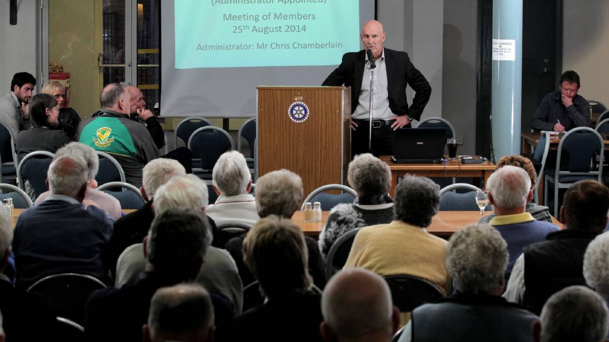Administrator Chris Chamberlain speaks to the crowd about the club’s financial difficulties. Picture: DAVID THORPE