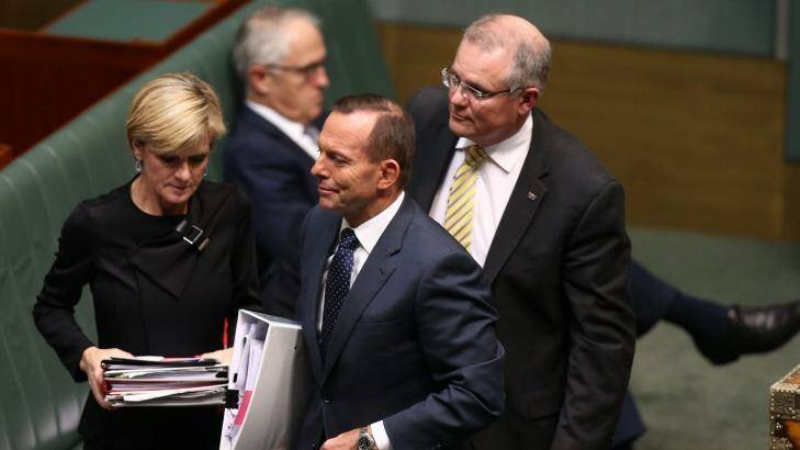 Leadership rivals: Prime Minister Tony Abbott with cabinet ministers Julie Bishop, Malcolm Turnbull and Scott Morrison.  Photo: Andrew Meares