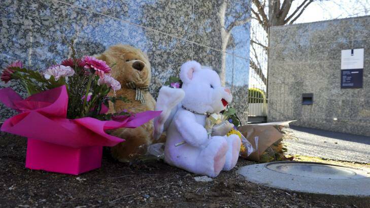 Flower and teddy bear tributes outside the Netherlands embassy in Canberra. Photo: Graham Tidy